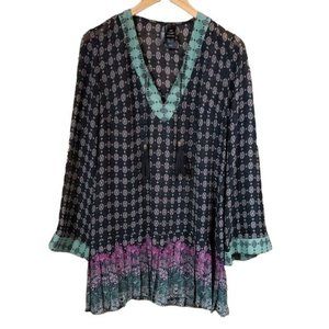 Bisou Bisou abstract semi sheer tunic top/dress pleated hem woman's size…